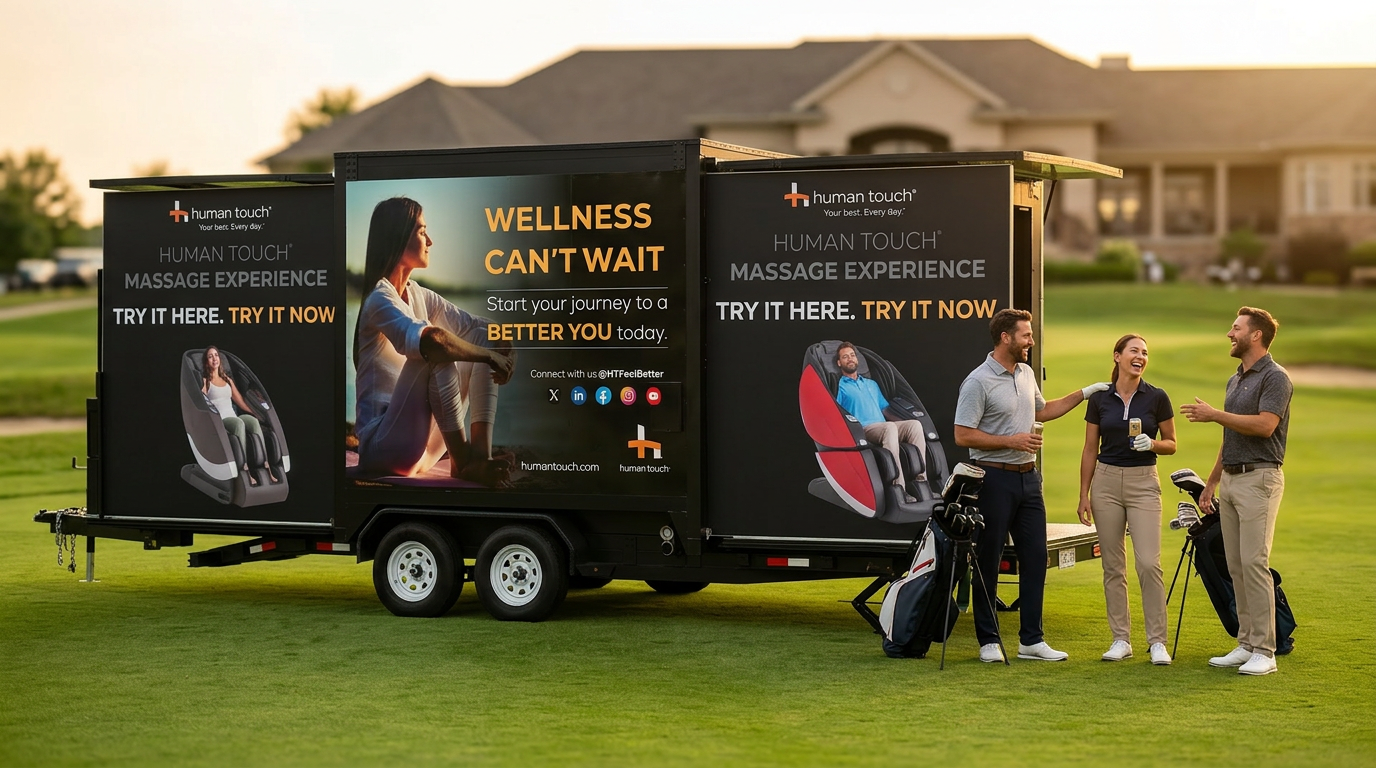Luxury trailer unfolded into a high-end mobile lounge at sunset