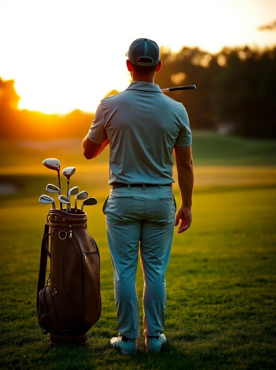 Golfer standing from behind with club and bag, watching the sunset